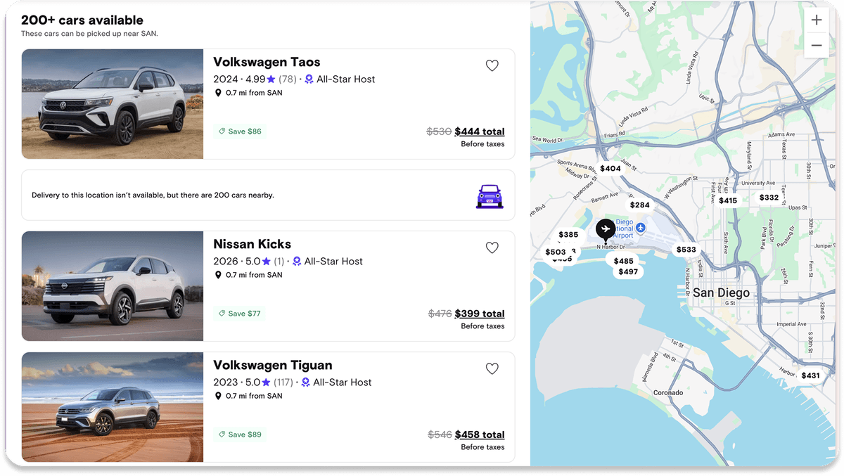 Turo search and pricing interface