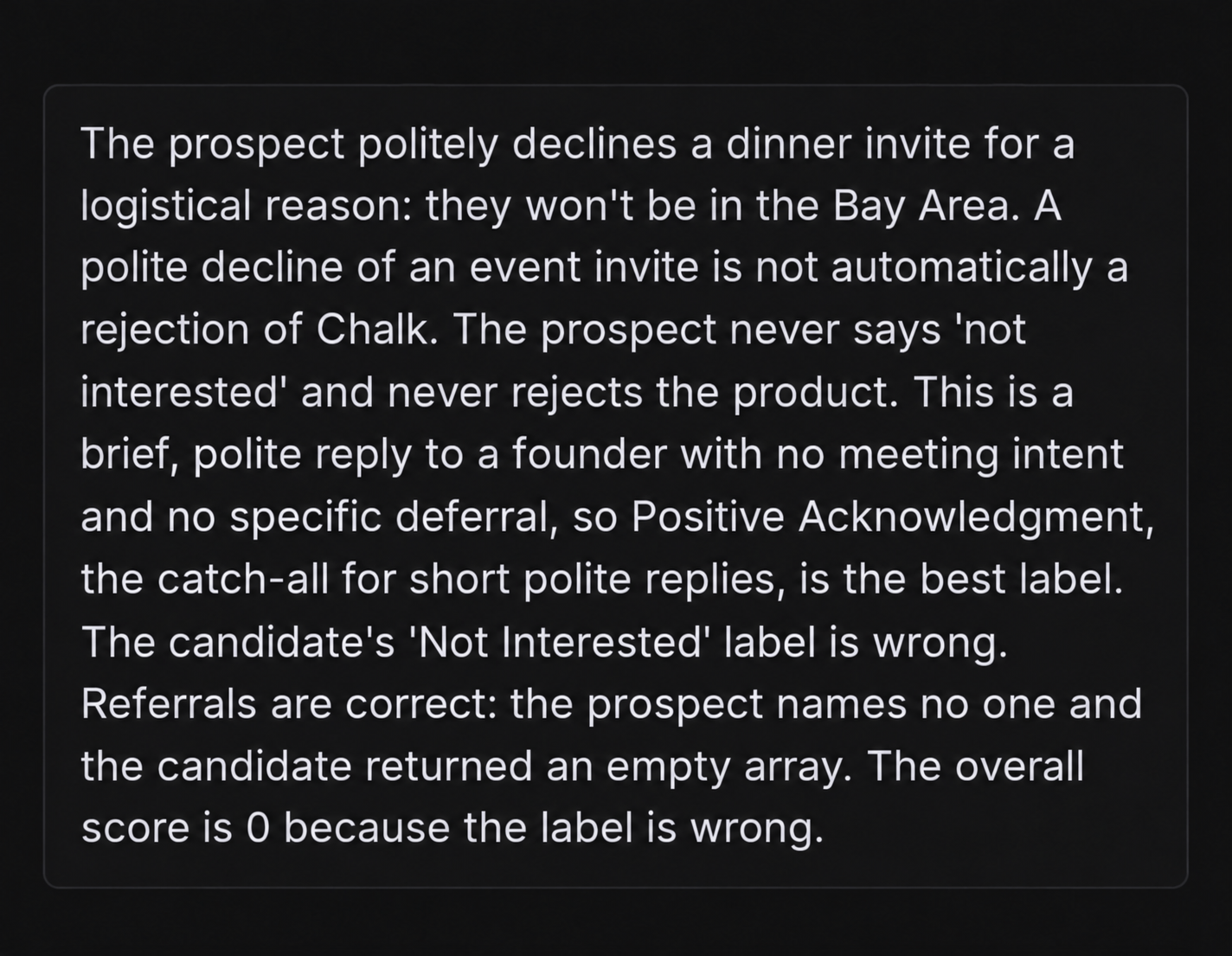 The judge’s reasoning: a polite decline of a dinner invite is not a rejection of Chalk, so the “Not Interested” label scores 0.