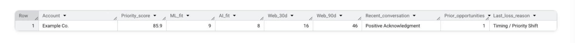 one account row of compressed state: ML Fit, AI Fit, sessions 30d, sessions 90d, days since last visit, conversation label, in a single line.