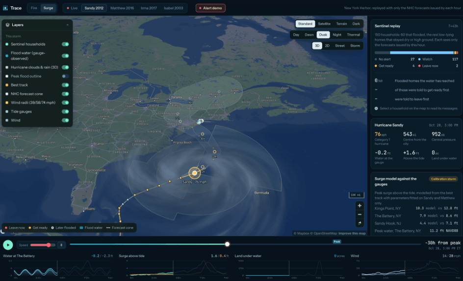 Trace is an AI disaster agent. It warns people before a wildfire or storm surge reaches their home, then texts or calls them with precautions and the closest route to safety.